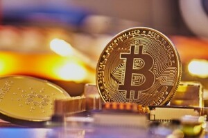 A vector of a physical bitcoin.